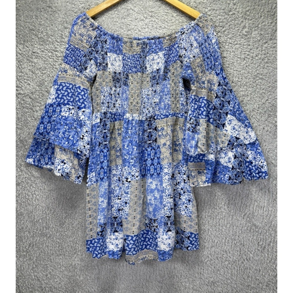 DEVI Medium Blue Patchwork Boho Mini Dress Off Shoulder Bell Sleeve Festival